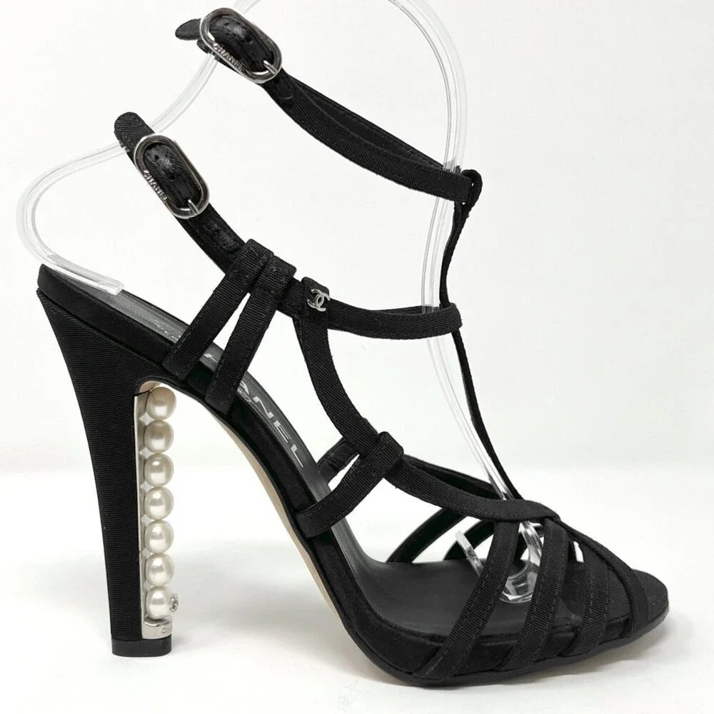 Chanel Pearl Heel‎ Grosgrain Gladiator Sandals Black 37.5